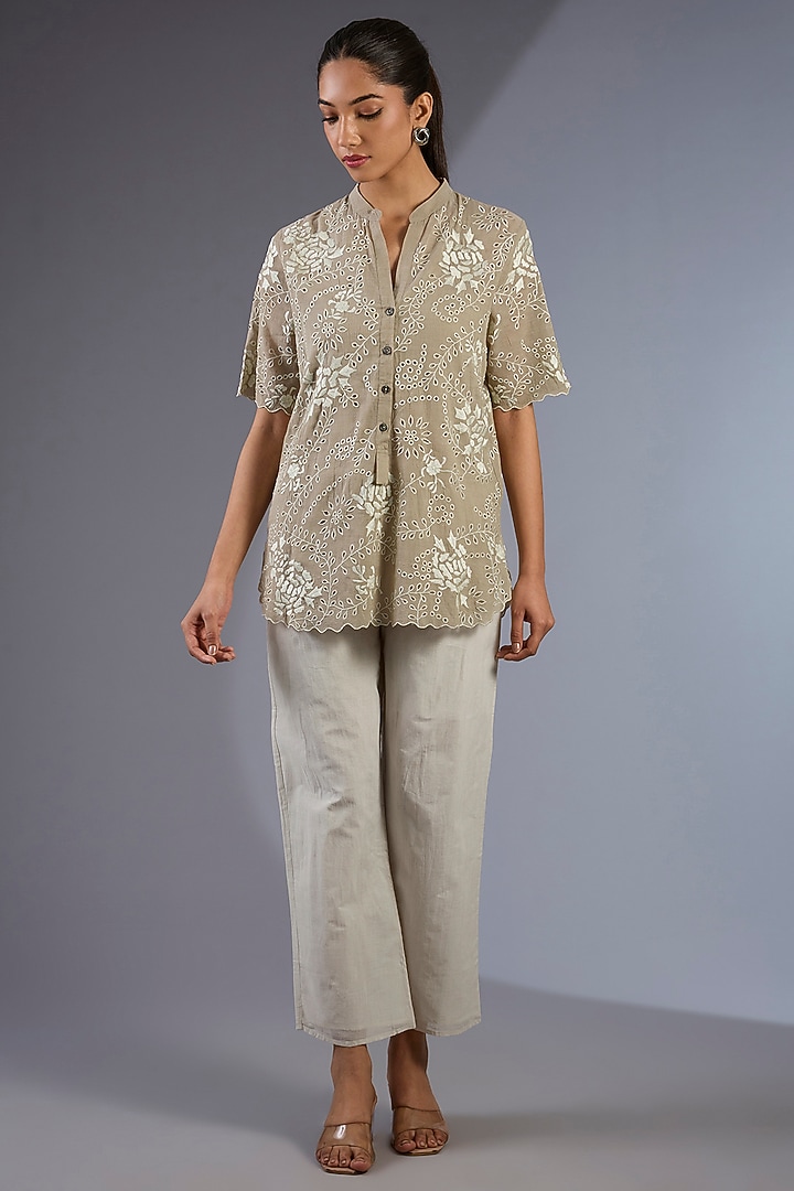 Ecru Cotton Thread Embroidered Handloom Top by Peachoo at Pernia's Pop Up Shop