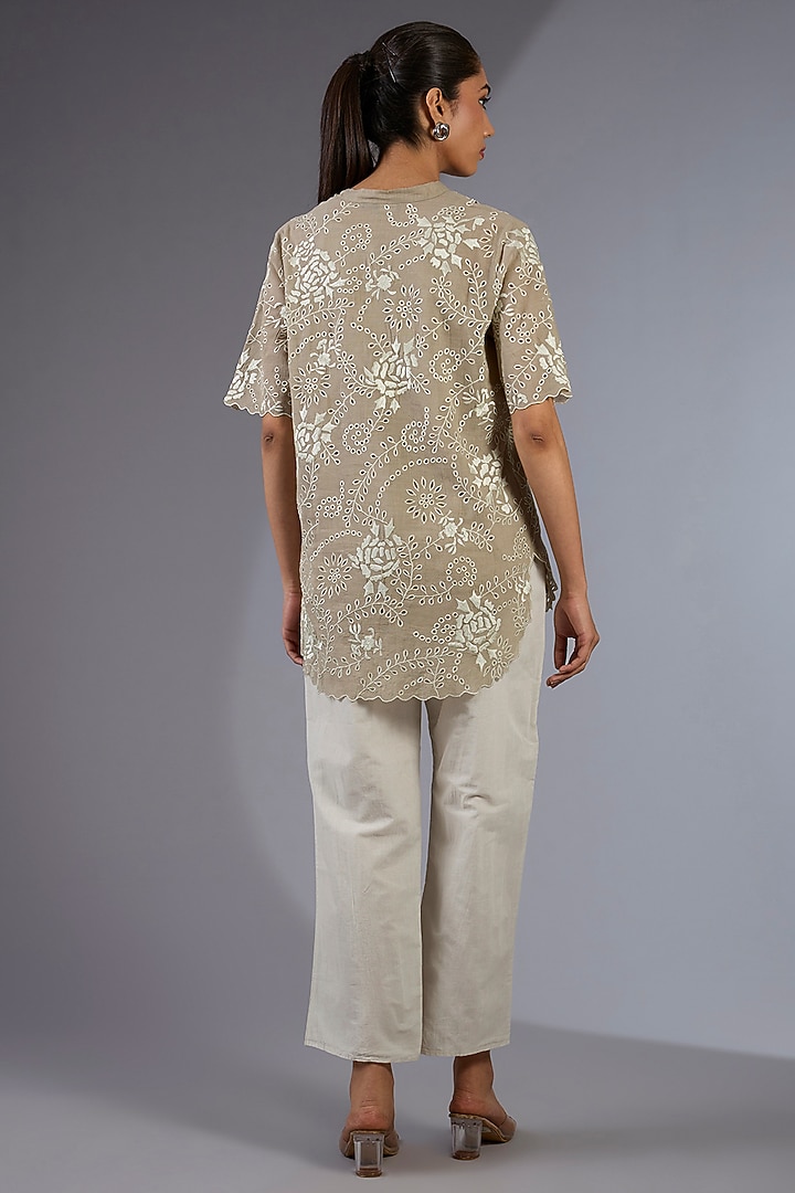 Ecru Cotton Thread Embroidered Handloom Top by Peachoo at Pernia's Pop Up Shop