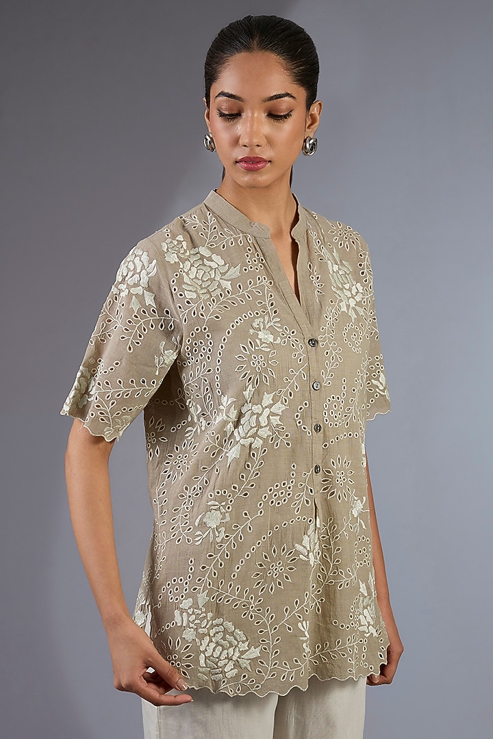 Ecru Cotton Thread Embroidered Handloom Top by Peachoo at Pernia's Pop Up Shop