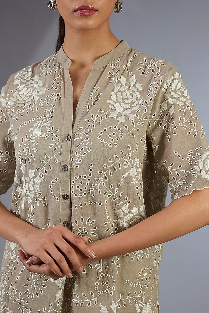 Ecru Cotton Thread Embroidered Handloom Top by Peachoo at Pernia's Pop Up Shop