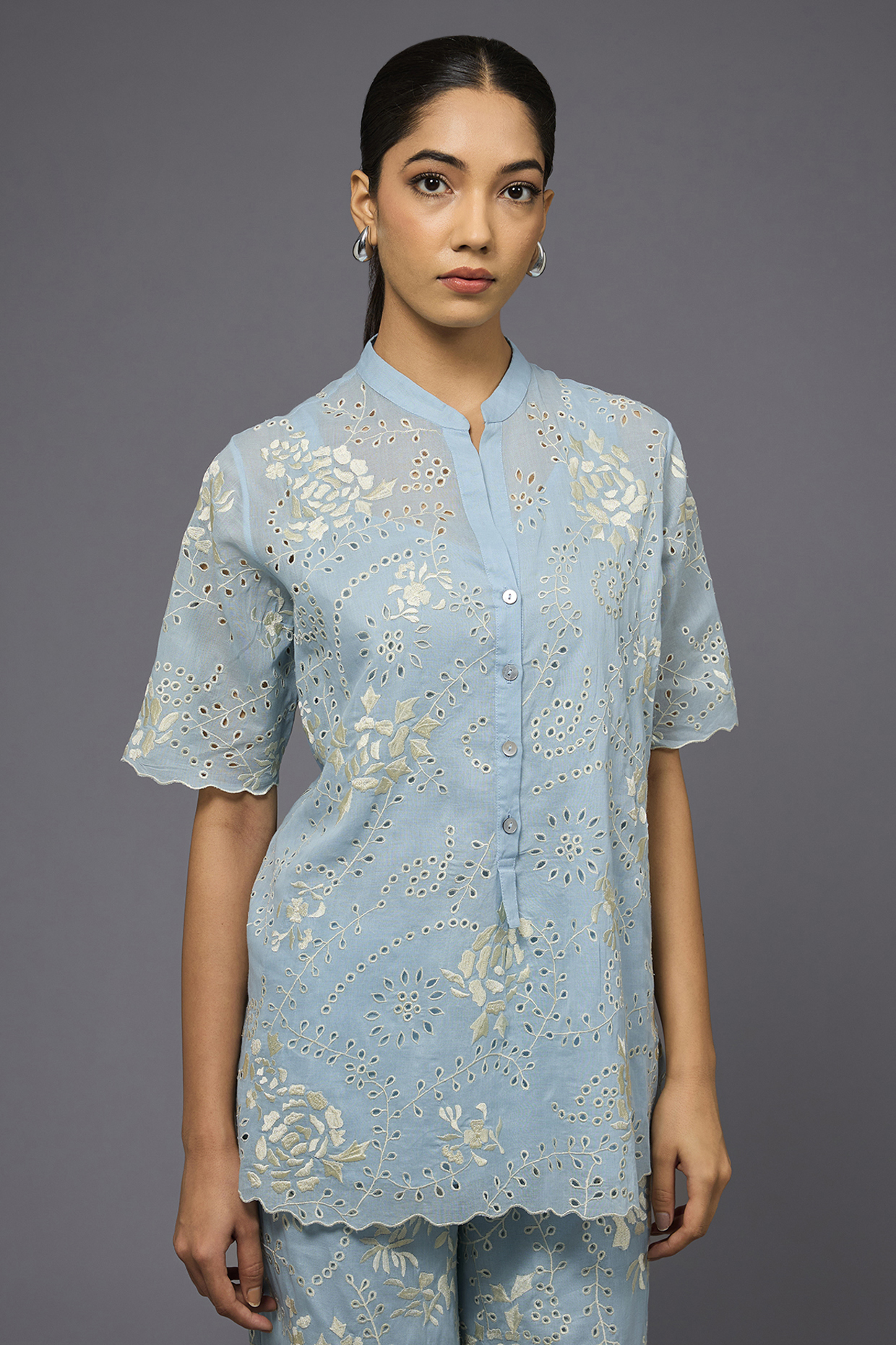 Ice Ecru handloom Cotton Thread Embroidered Top by Peachoo at Pernia's Pop Up Shop