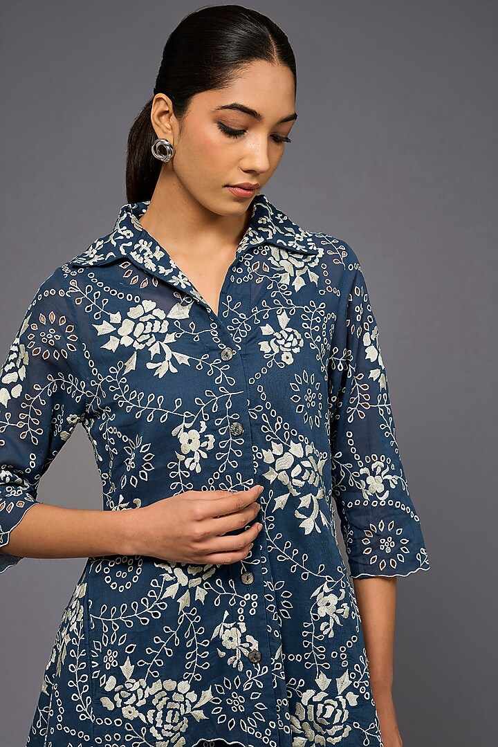 Space Ecru Handloom Cotton Thread Embroidered Jacket by Peachoo at Pernia's Pop Up Shop
