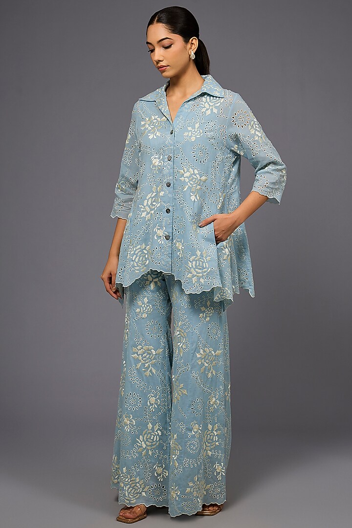Ice Ecru Handloom Cotton Thread Embroidered Jacket by Peachoo at Pernia's Pop Up Shop