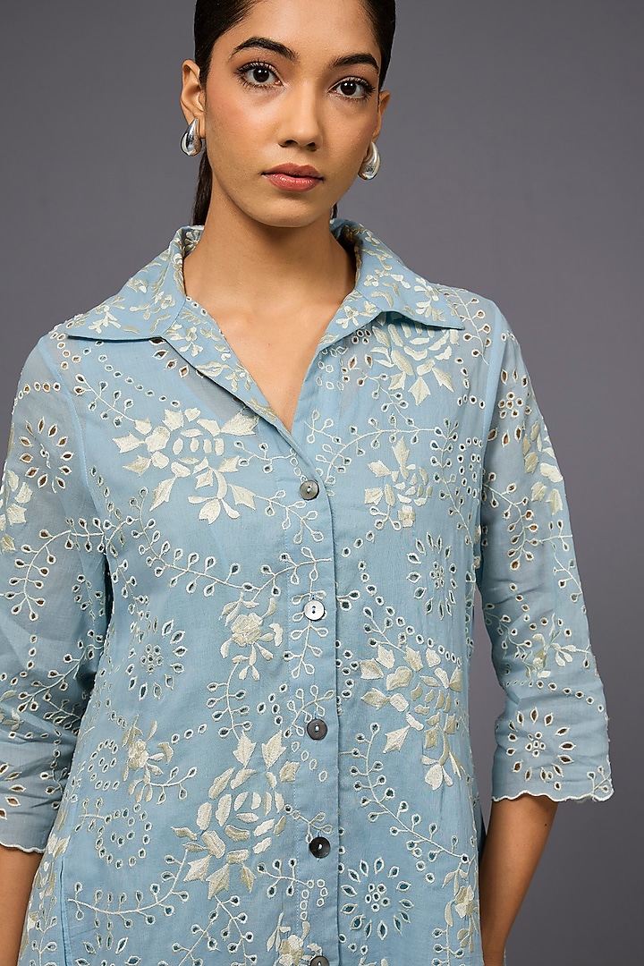 Ice Ecru Handloom Cotton Thread Embroidered Jacket by Peachoo at Pernia's Pop Up Shop