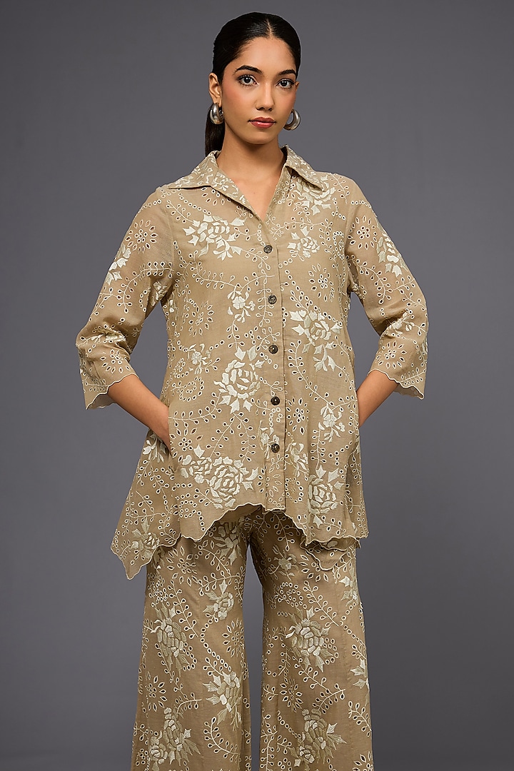 Natural Ecru Handloom Cotton Thread Embroidered Jacket by Peachoo at Pernia's Pop Up Shop