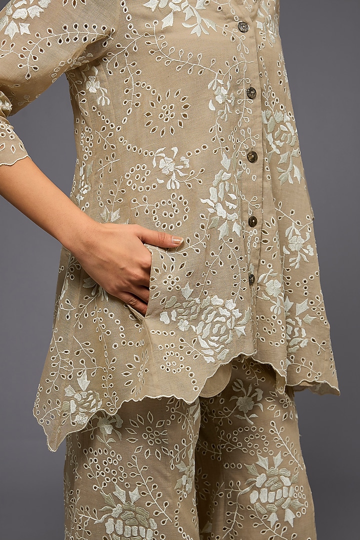 Natural Ecru Handloom Cotton Thread Embroidered Jacket by Peachoo at Pernia's Pop Up Shop
