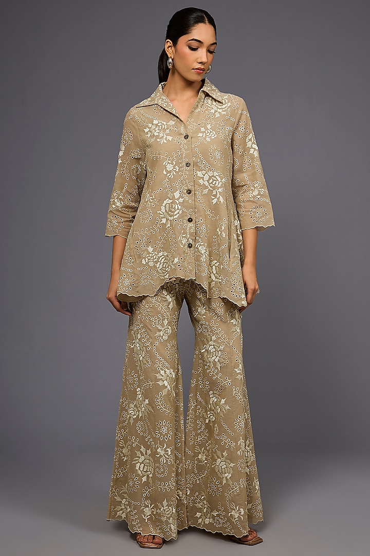 Natural Ecru Handloom Cotton Thread Embroidered Jacket by Peachoo at Pernia's Pop Up Shop