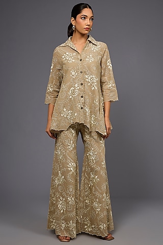 Natural Ecru Handloom Cotton Thread Embroidered Pant by Peachoo