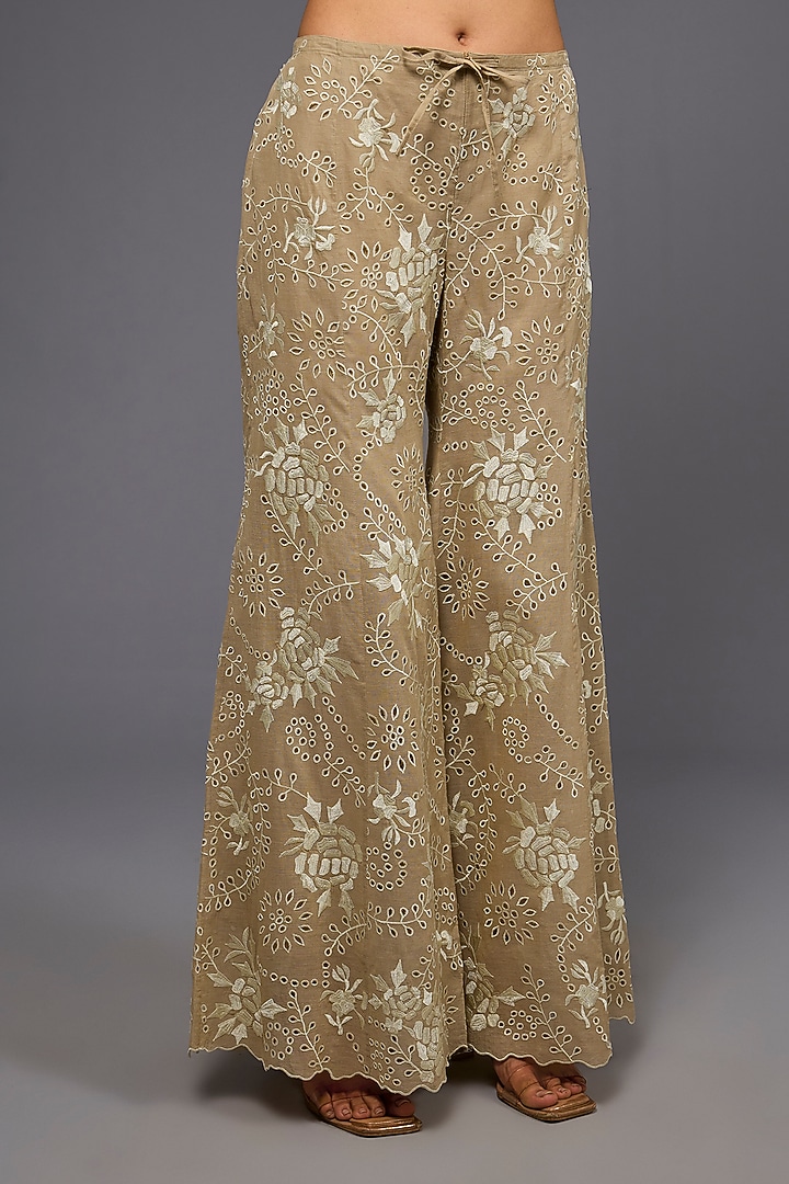 Natural Ecru Handloom Cotton Thread Embroidered Pant by Peachoo at Pernia's Pop Up Shop