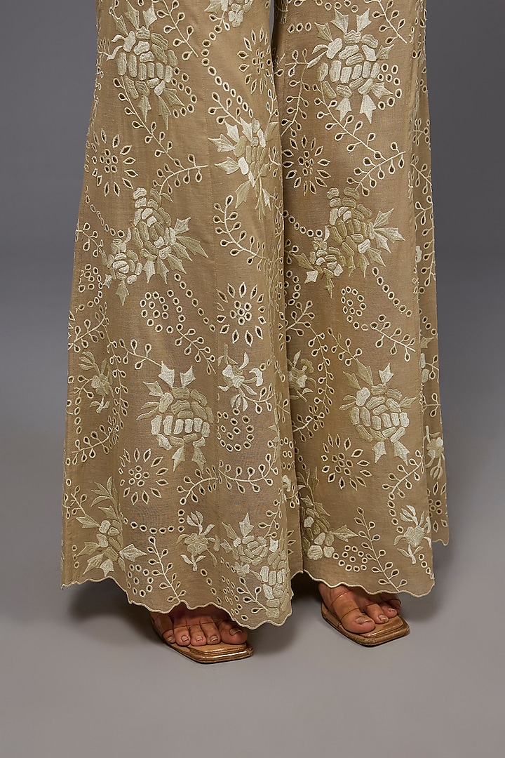 Natural Ecru Handloom Cotton Thread Embroidered Pant by Peachoo at Pernia's Pop Up Shop