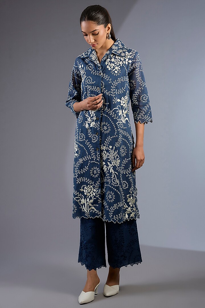 Space Blue Cotton Thread Embroidered Handloom Kurta by Peachoo at Pernia's Pop Up Shop