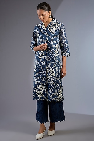 Space Blue Cotton Thread Embroidered Handloom Kurta by Peachoo