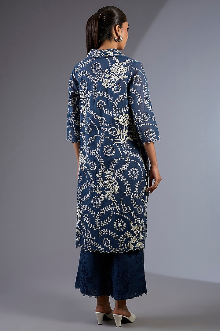 Space Blue Cotton Thread Embroidered Handloom Kurta by Peachoo at Pernia's Pop Up Shop