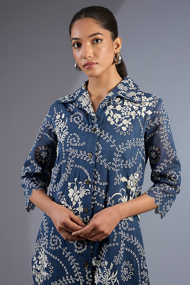 Space Blue Cotton Thread Embroidered Handloom Kurta by Peachoo at Pernia's Pop Up Shop