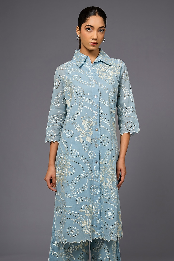 Ice Ecru Handloom Cotton Thread Embroidered Long Shirt by Peachoo at Pernia's Pop Up Shop
