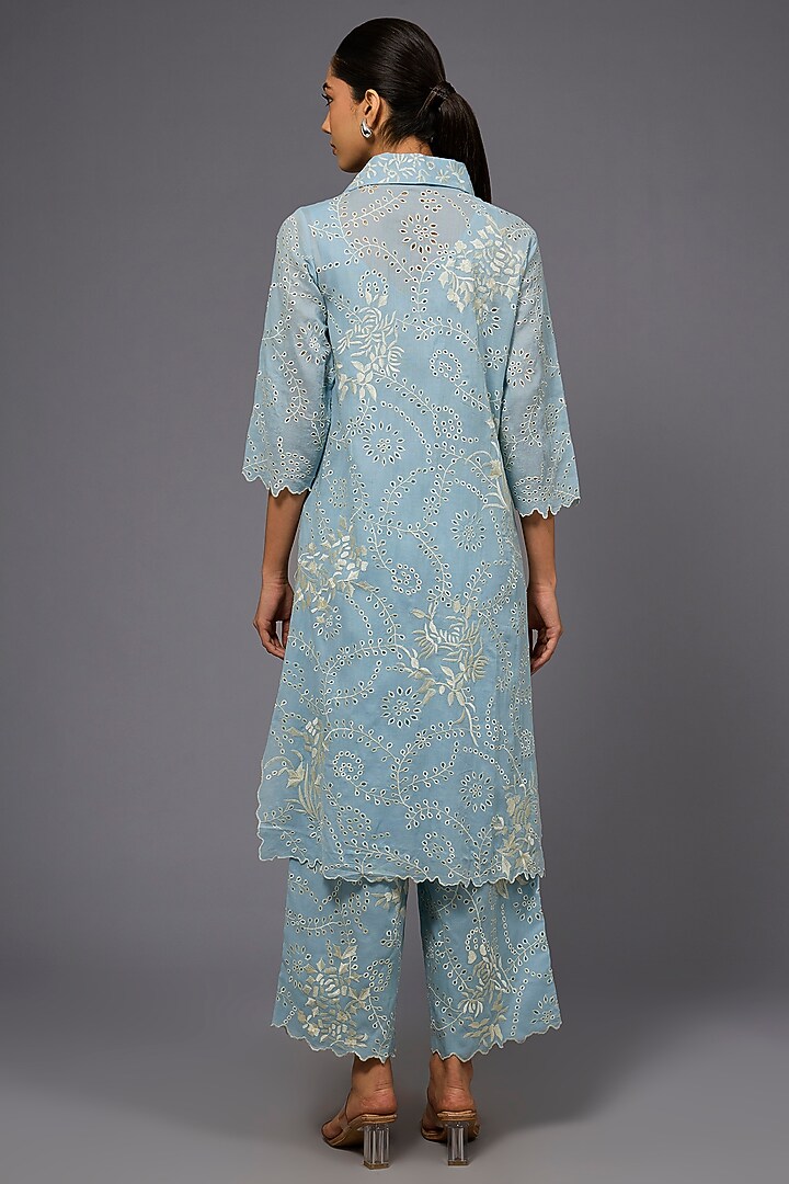 Ice Ecru Handloom Cotton Thread Embroidered Long Shirt by Peachoo at Pernia's Pop Up Shop