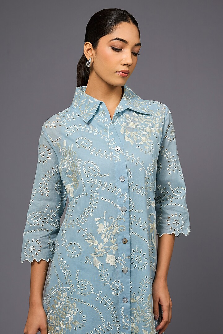 Ice Ecru Handloom Cotton Thread Embroidered Long Shirt by Peachoo at Pernia's Pop Up Shop