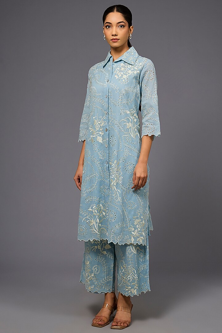 Ice Ecru Handloom Cotton Thread Embroidered Long Shirt by Peachoo at Pernia's Pop Up Shop