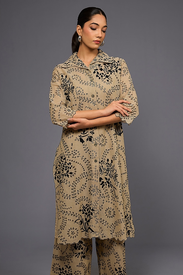 Natural Black Handloom Cotton Thread Embroidered Long Shirt by Peachoo at Pernia's Pop Up Shop