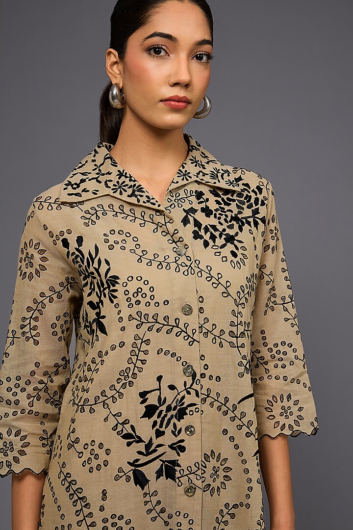 Natural Black Handloom Cotton Thread Embroidered Long Shirt by Peachoo at Pernia's Pop Up Shop