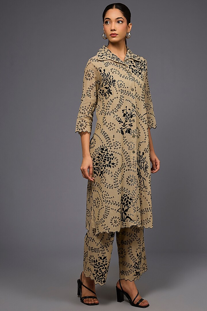 Natural Black Handloom Cotton Thread Embroidered Long Shirt by Peachoo at Pernia's Pop Up Shop