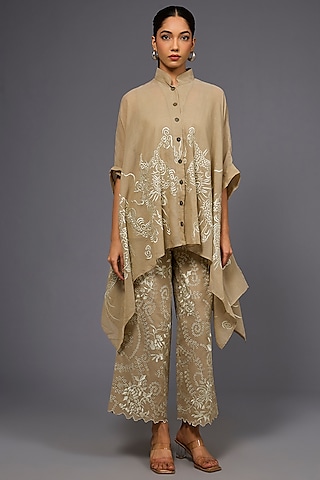Natural Ecru Handloom Cotton Thread Embroidered Pant by Peachoo