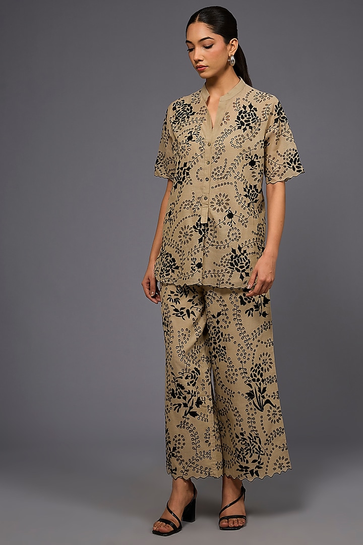Natural Black Handloom Cotton Thread Embroidered Pant by Peachoo at Pernia's Pop Up Shop