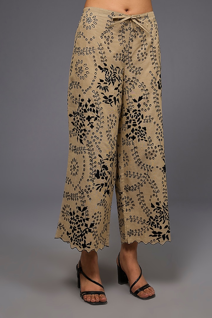 Natural Black Handloom Cotton Thread Embroidered Pant by Peachoo at Pernia's Pop Up Shop