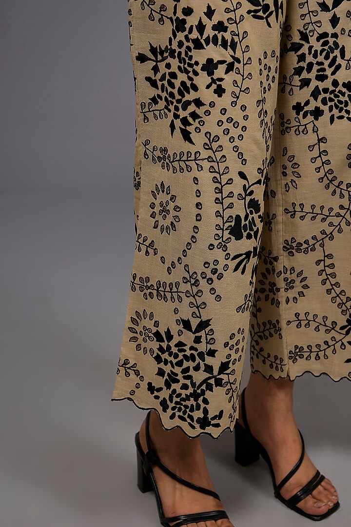 Natural Black Handloom Cotton Thread Embroidered Pant by Peachoo at Pernia's Pop Up Shop