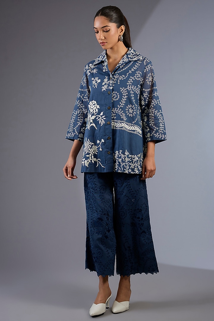 Space Blue Cotton Thread Embroidered Handloom Straight Pants by Peachoo at Pernia's Pop Up Shop