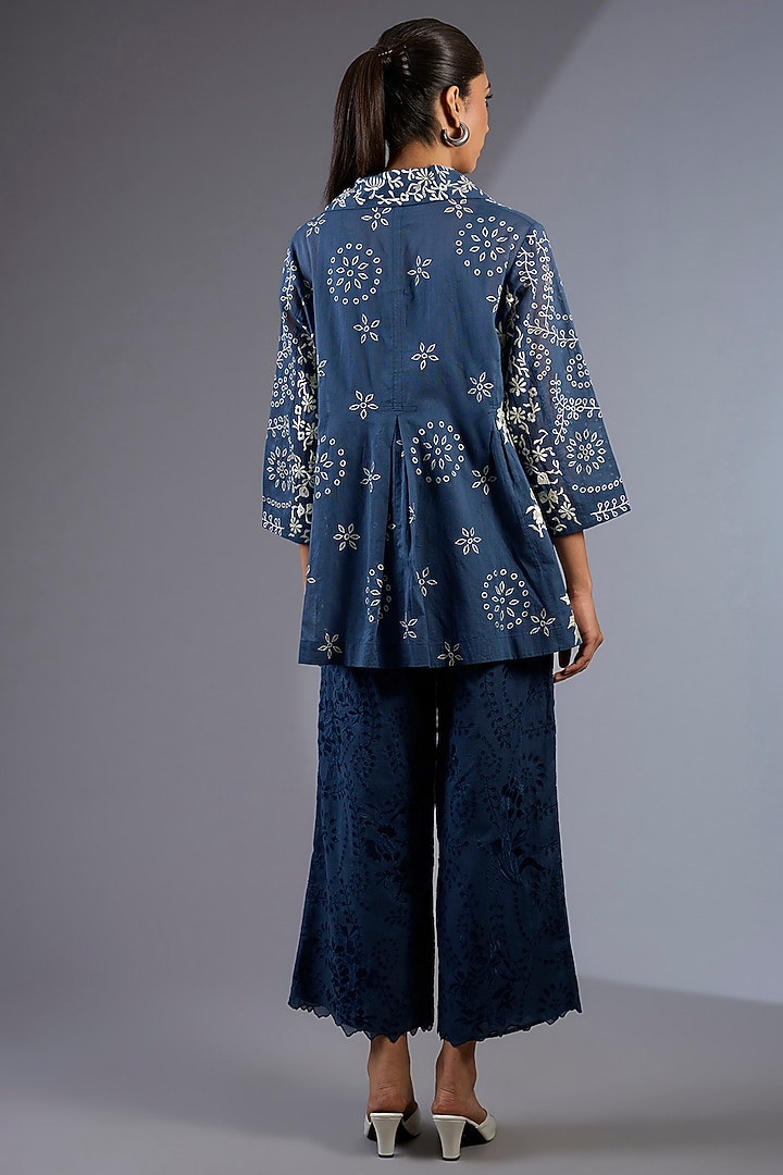 Space Blue Cotton Thread Embroidered Handloom Straight Pants by Peachoo at Pernia's Pop Up Shop
