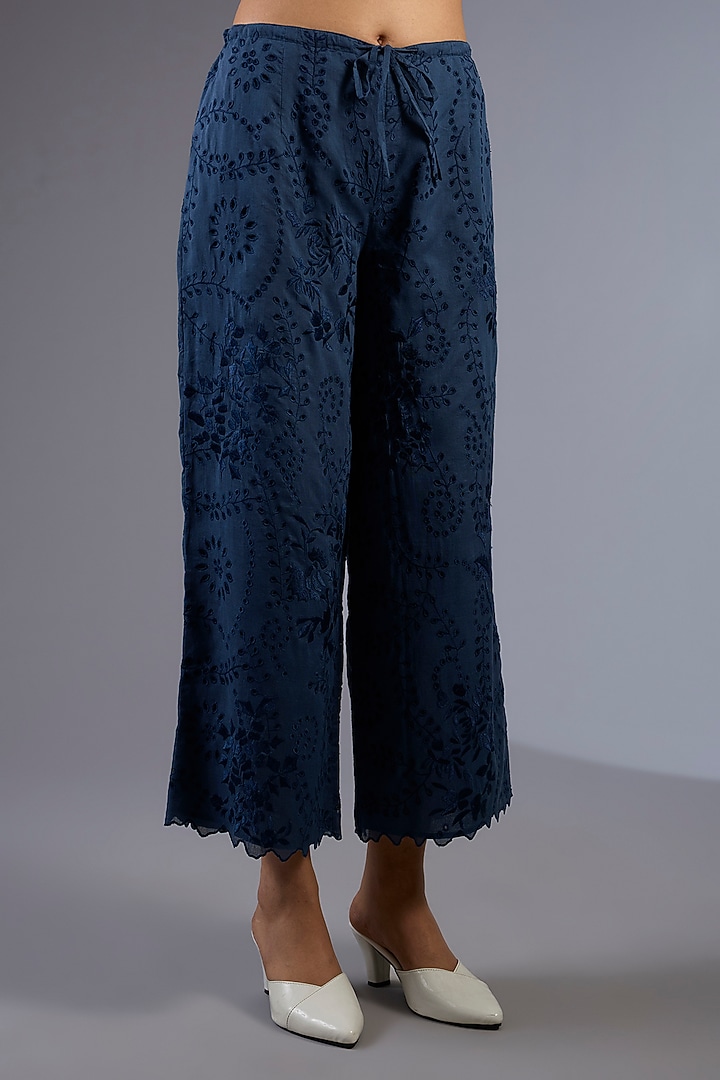 Space Blue Cotton Thread Embroidered Handloom Straight Pants by Peachoo at Pernia's Pop Up Shop