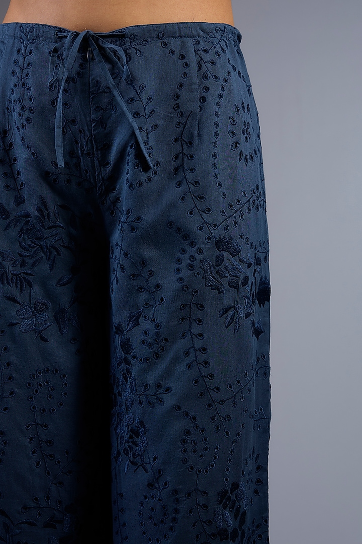 Space Blue Cotton Thread Embroidered Handloom Straight Pants by Peachoo at Pernia's Pop Up Shop
