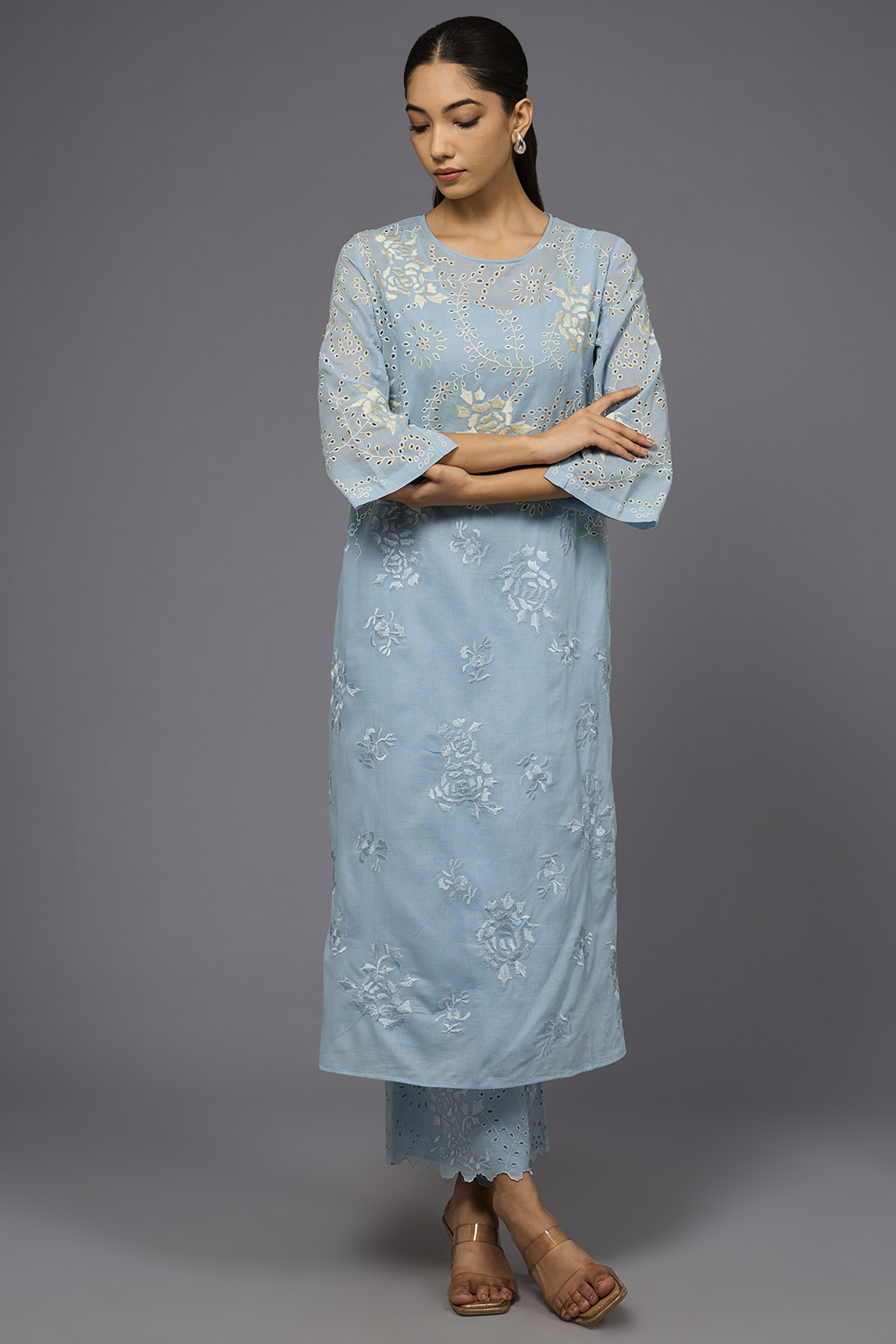 Ice Ecru Handloom Cotton Thread Embroidered Kurta by Peachoo at Pernia's Pop Up Shop