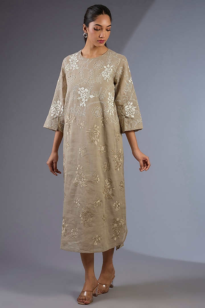 Beige Cotton Thread Embroidered Handloom Vacation Dress by Peachoo at Pernia's Pop Up Shop