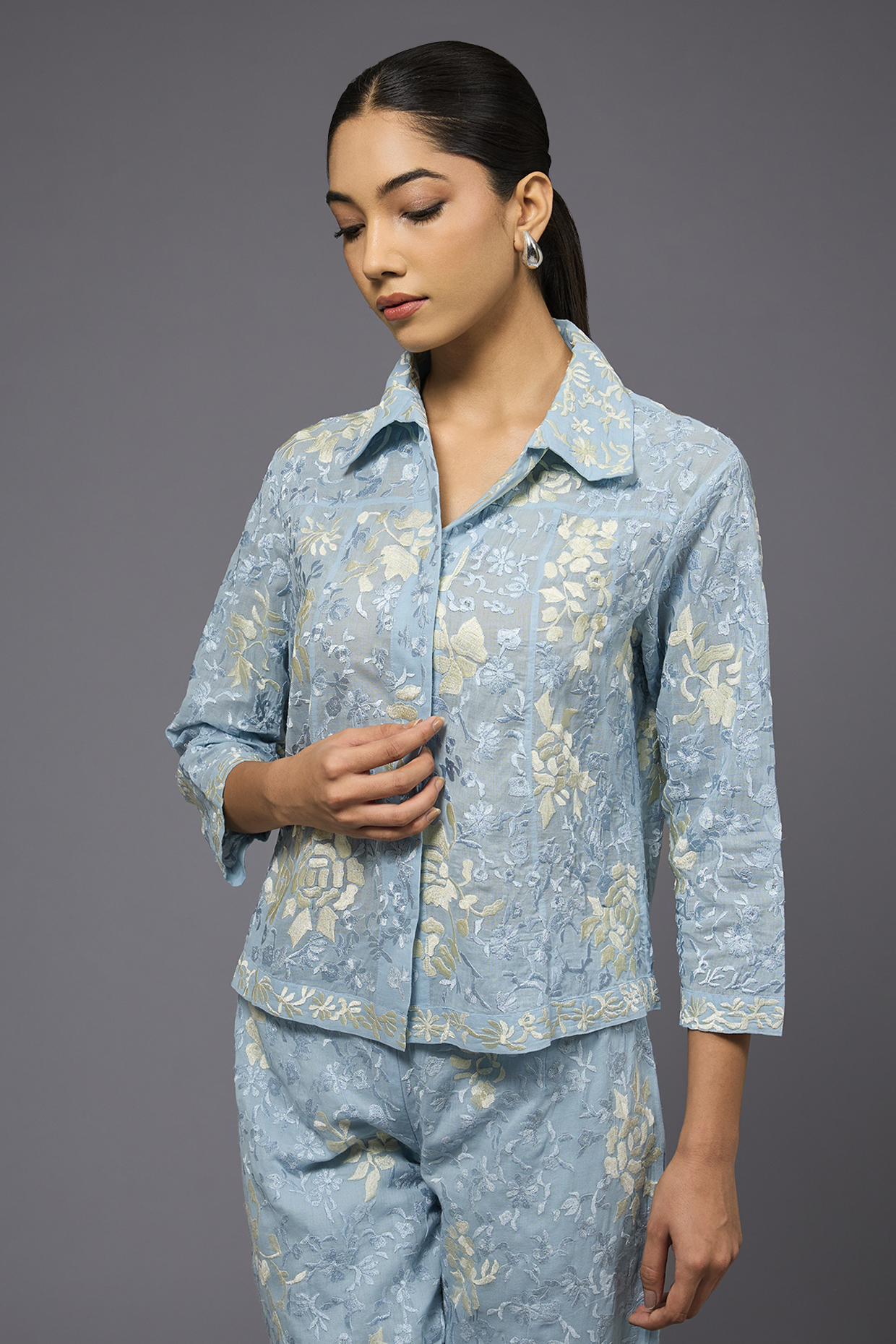 Ice Ecru Handloom Cotton Thread Embroidered Jacket by Peachoo at Pernia's Pop Up Shop