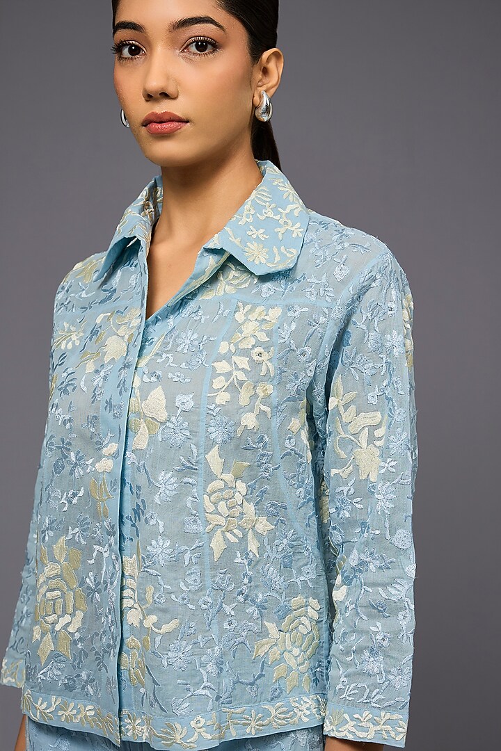 Ice Ecru Handloom Cotton Thread Embroidered Jacket by Peachoo at Pernia's Pop Up Shop