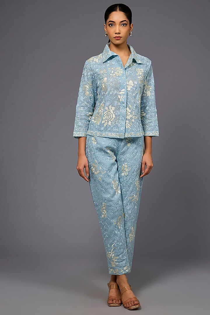 Ice Ecru Handloom Cotton Thread Embroidered Jacket by Peachoo at Pernia's Pop Up Shop