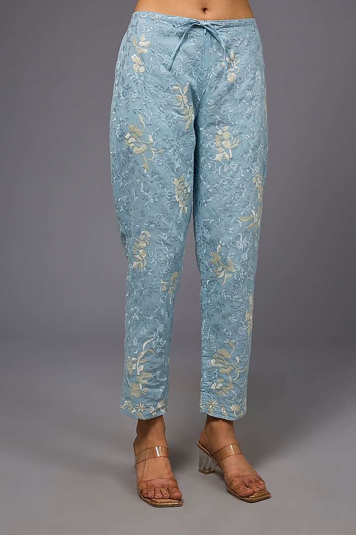 Ice Ecru Handloom Cotton Thread Embroidered Pant by Peachoo at Pernia's Pop Up Shop