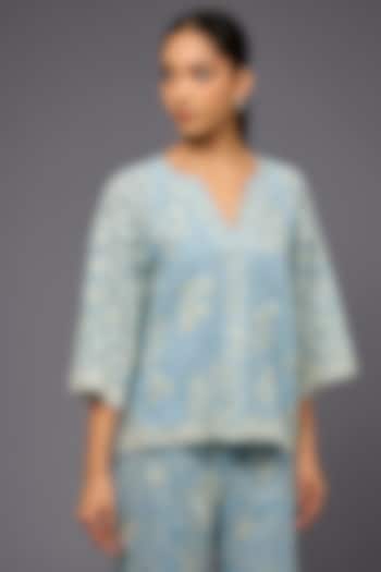 Ice Blue & Ecru Handloom Cotton Thread Embroidered Top by Peachoo at Pernia's Pop Up Shop