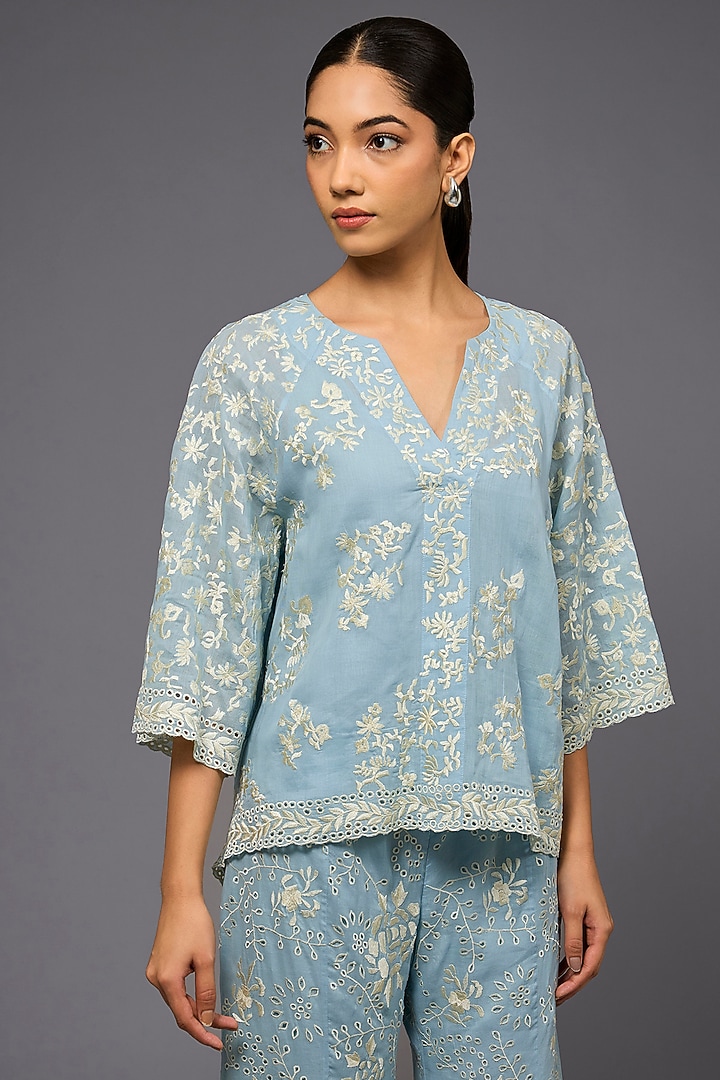 Ice Blue & Ecru Handloom Cotton Thread Embroidered Top by Peachoo at Pernia's Pop Up Shop