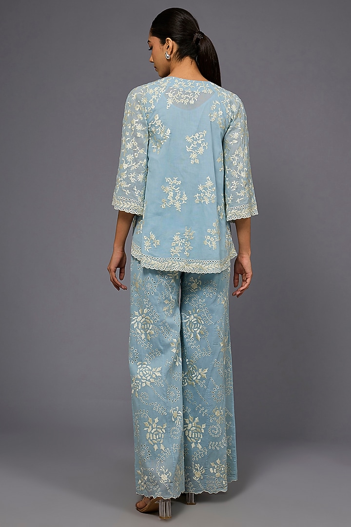 Ice Blue & Ecru Handloom Cotton Thread Embroidered Top by Peachoo at Pernia's Pop Up Shop