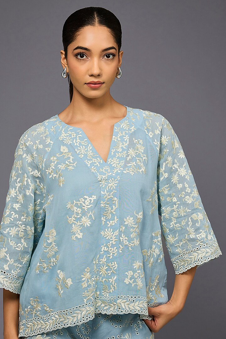 Ice Blue & Ecru Handloom Cotton Thread Embroidered Top by Peachoo at Pernia's Pop Up Shop