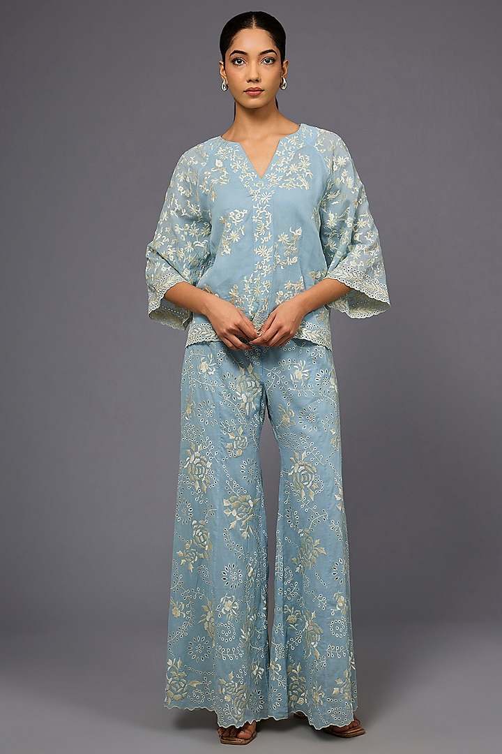 Ice Blue & Ecru Handloom Cotton Thread Embroidered Top by Peachoo at Pernia's Pop Up Shop