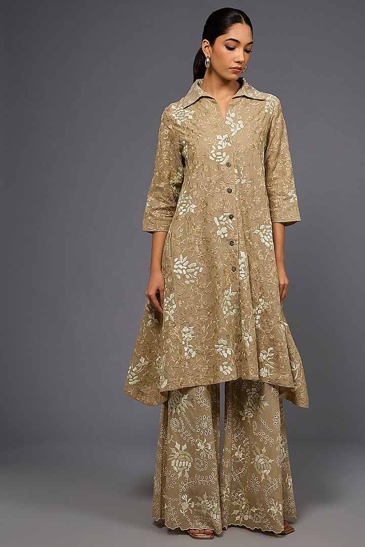 Natural Ecru Handloom Cotton Thread Embroidered Jacket by Peachoo at Pernia's Pop Up Shop