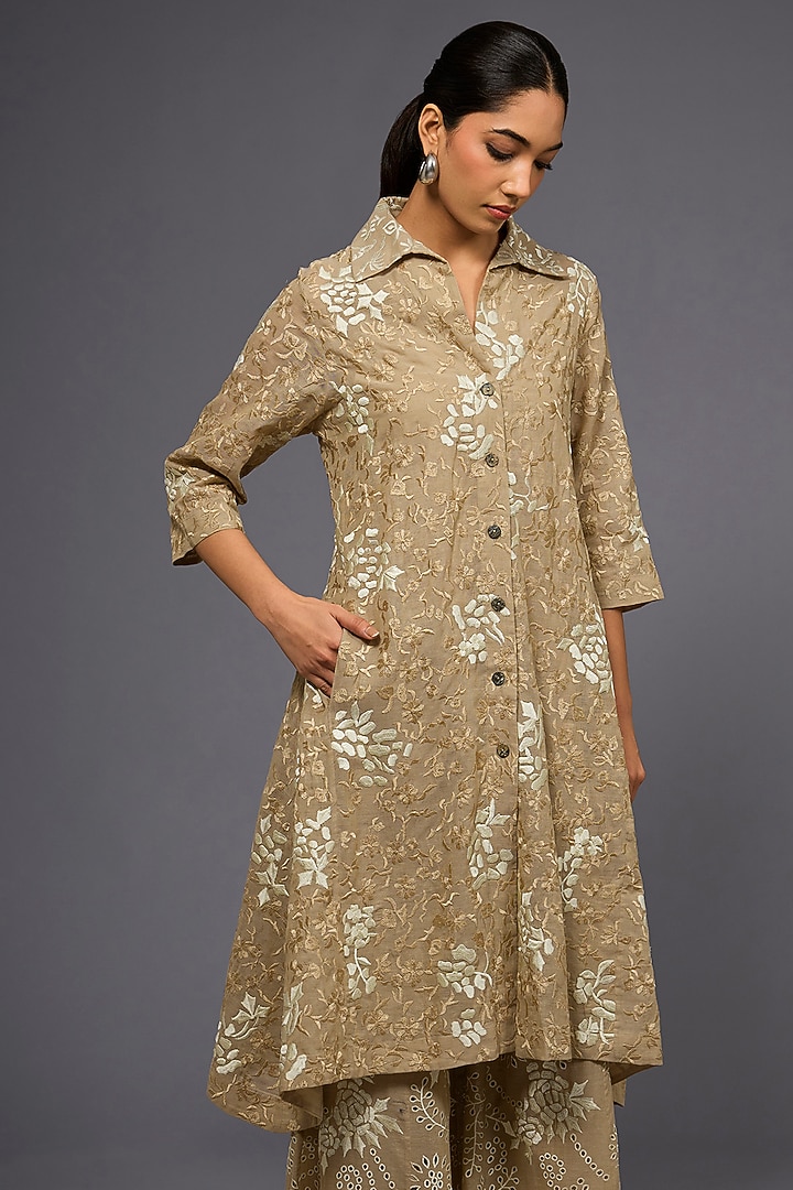 Natural Ecru Handloom Cotton Thread Embroidered Jacket by Peachoo at Pernia's Pop Up Shop
