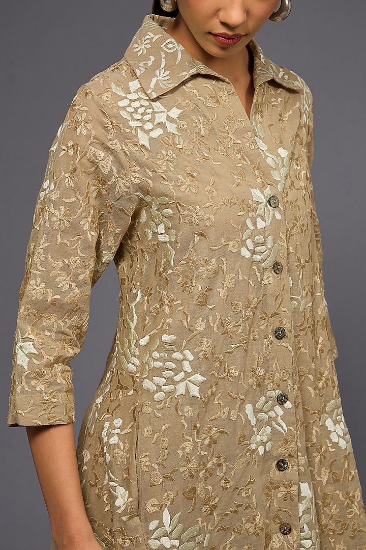 Natural Ecru Handloom Cotton Thread Embroidered Jacket by Peachoo at Pernia's Pop Up Shop