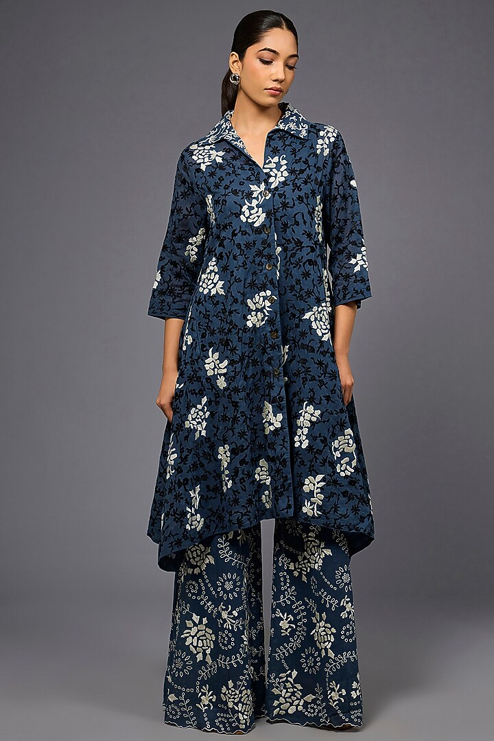 Space Blue & Ecru Handloom Cotton Thread Embroidered Jacket by Peachoo at Pernia's Pop Up Shop