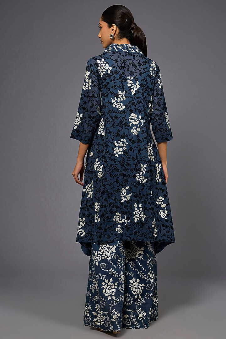 Space Blue & Ecru Handloom Cotton Thread Embroidered Jacket by Peachoo at Pernia's Pop Up Shop
