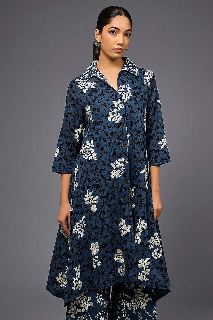 Space Blue & Ecru Handloom Cotton Thread Embroidered Jacket by Peachoo at Pernia's Pop Up Shop